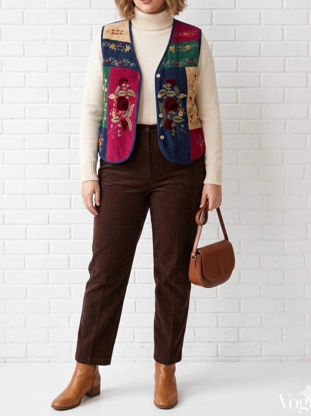 Vintage 90s Embroidered Patchwork Corduroy Vest Cottagecore Artsy Grandma TikTok